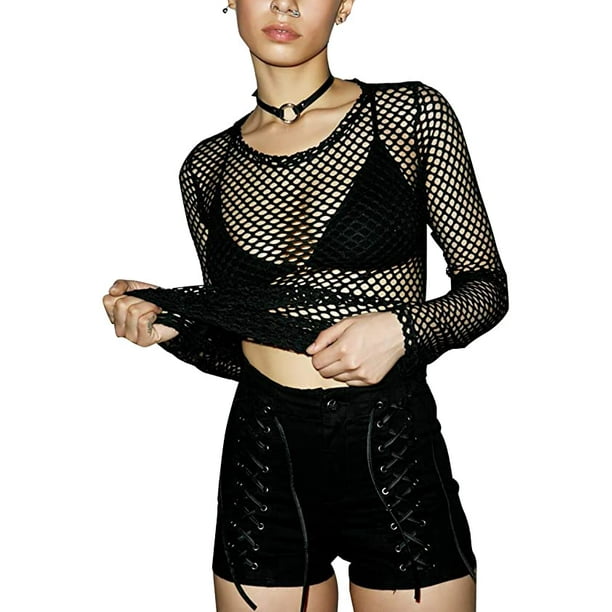 Womens Mesh Fishnet Long Sleeve Sheer Tops Perspective Tee Shirt Solid Black White-in T Womens Mesh Fishnet Long Sleeve Sheer Tops Perspective Tee Shirt Solid Black White-in T